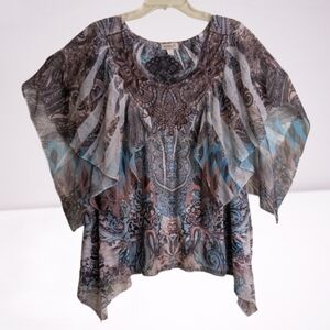One World Top Boho Chic Embellished Sublimation Paisley Print Flutter Sleeves